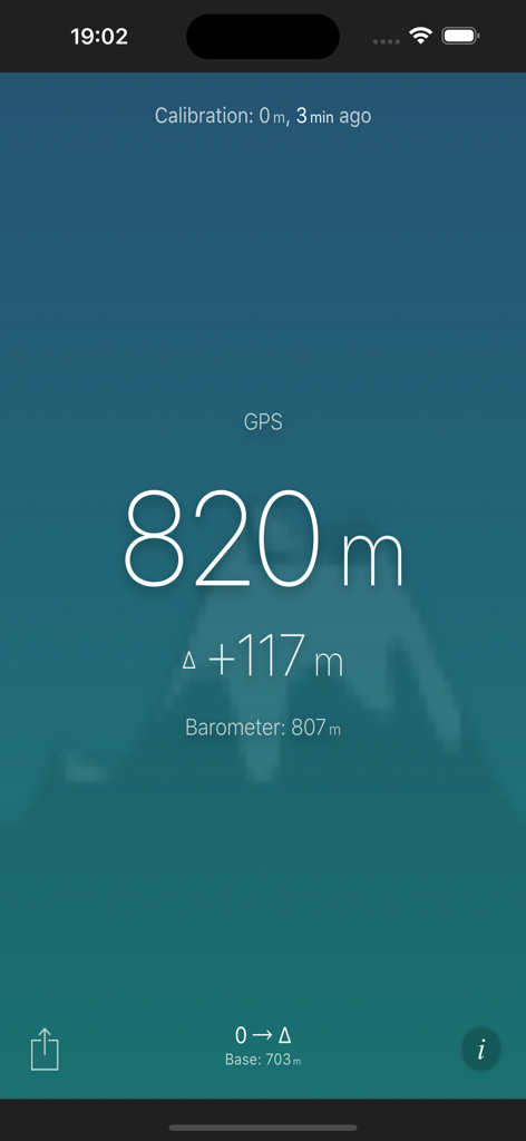 Altimeter (Barometer) - The Altimeter app on an iPhone showing current altitude and elevation difference using GPS and barometer data.
