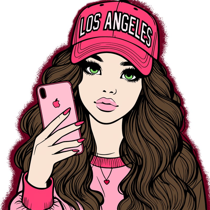 realistic beautiful girl wearing los ángeles cap holding an iphone