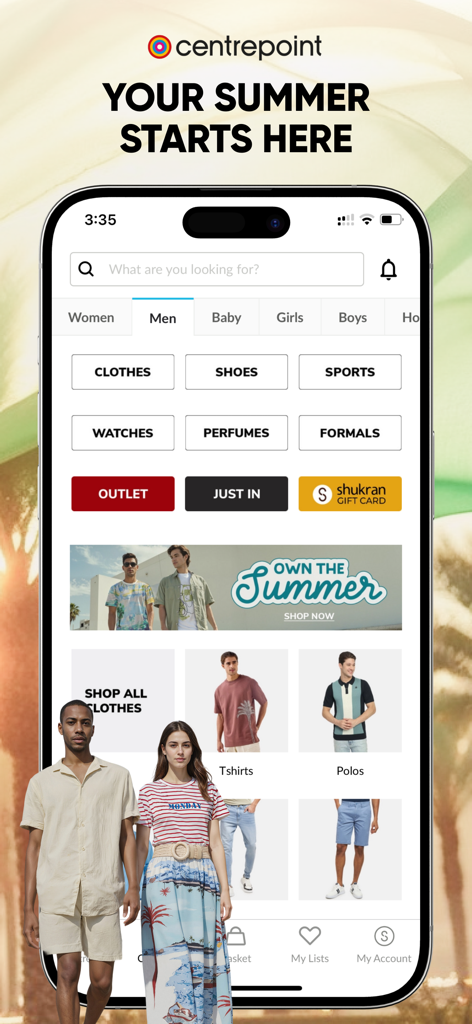 Interfaccia dell'app mobile Centrepoint che mostra la categoria moda uomo con collezioni estive e categorie di shopping