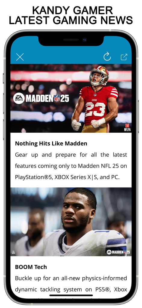 KANDY Magazine: Photo Stories - A screenshot of Kandy Magazine showing the latest gaming news for Madden NFL 25.