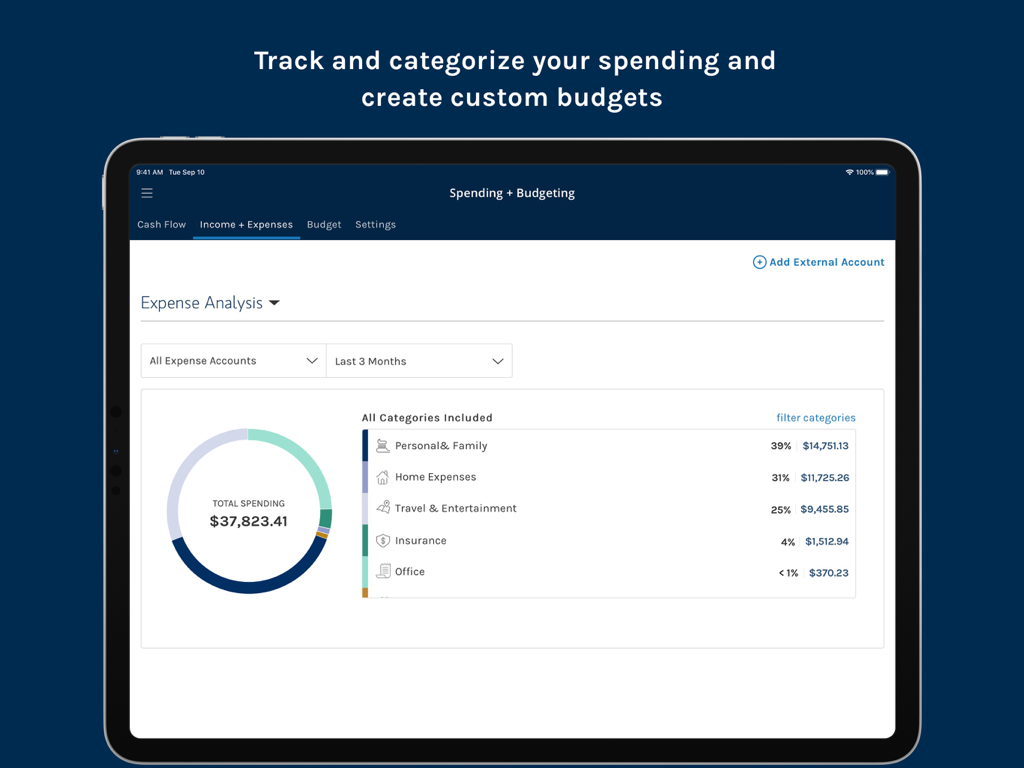 Morgan Stanley Wealth – Tablet - The spending and budgeting screen of the Morgan Stanley Wealth tablet app featuring a donut chart and expense analysis by category.