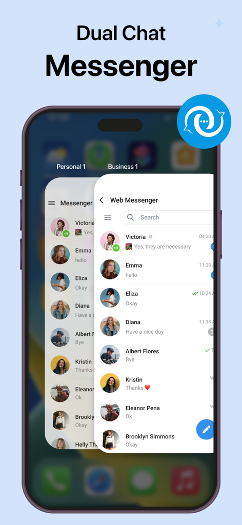 Telegram Tools -Group, Channel - Interface de l'application Outils Telegram montrant la fonctionnalité de messagerie de chat double avec des onglets de compte personnel et professionnel sur un écran de smartphone.