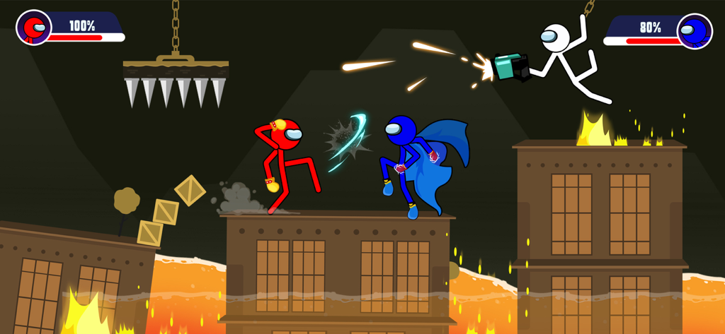 Batalha de stickman baseada em física com guerreiros lutando nos telhados de prédios.