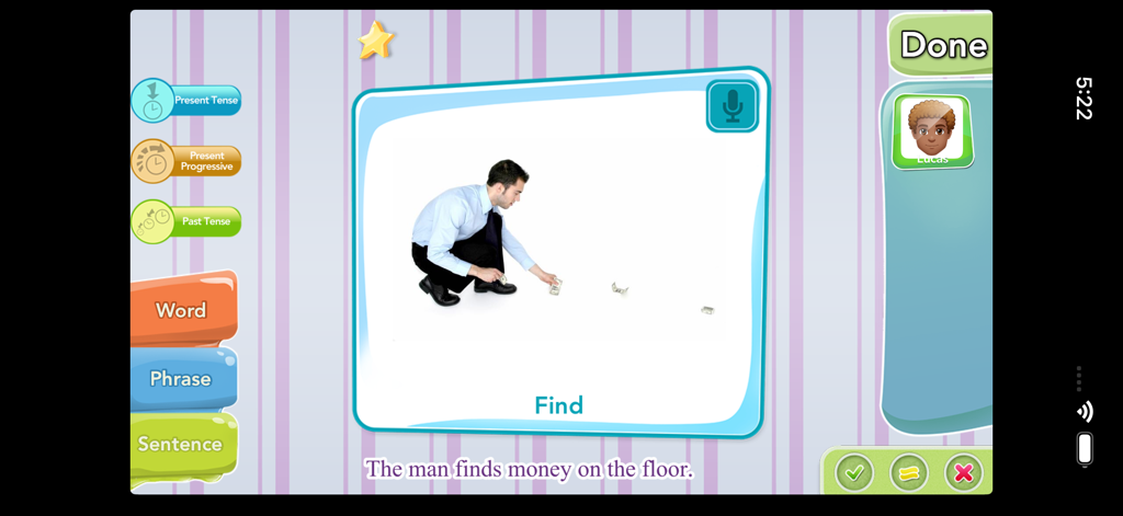 iPractice Verbs - iPractice Verbs app interface showing a sentence level verb exercise for the word find