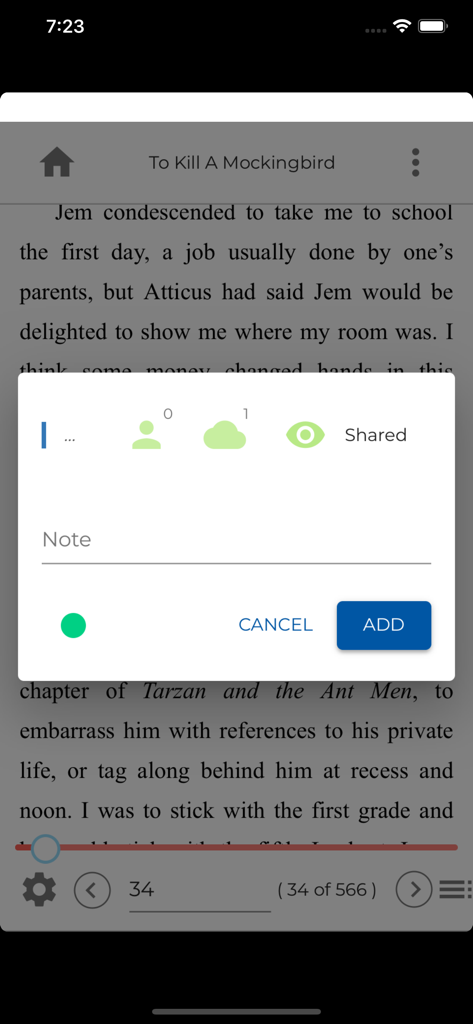 ReadCloud - Shared note interface in the ReadCloud app while reading an ebook