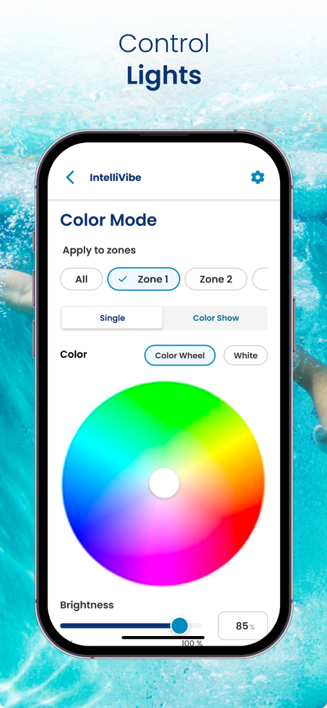 Pentair Pool - Pentair Pool app interface for controlling IntelliVibe pool lights with a color wheel and brightness slider.