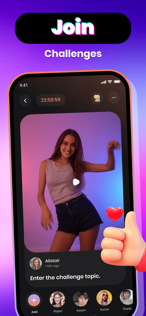 Fingro：Adult Share，Video Call - Mobile app interface of Fingro showing a video challenge with social engagement icons and profile pictures