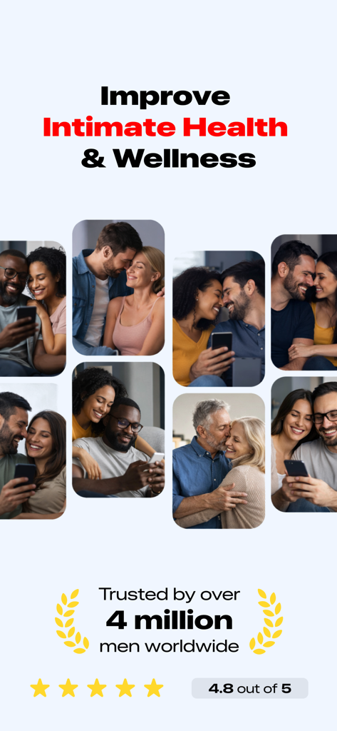 ケーゲル体操アプリのプロモーション画面。多様な幸せなカップルが表示され、「親密な健康とウェルネスを改善」と書かれ、400万人の男性に信頼されています。