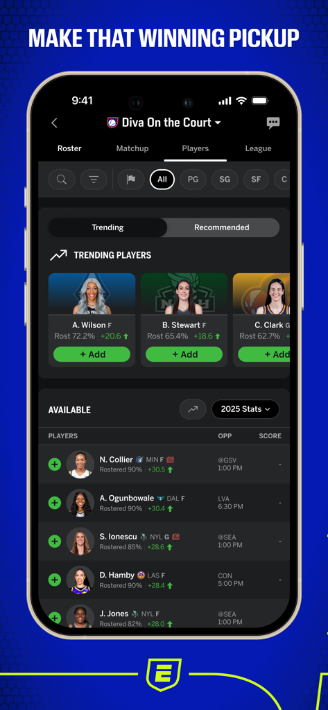 Mobile app screen for ESPN Fantasy showing trending and available WNBA players with options to add them to a roster