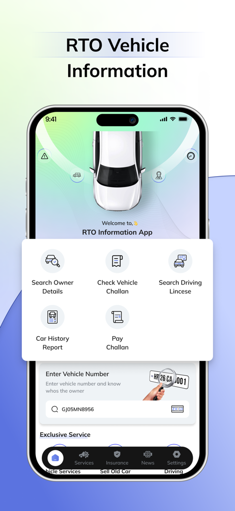 Tela inicial do aplicativo RTO Vehicle Information mostrando opções de pesquisa de proprietário de veículo e verificação de multas.