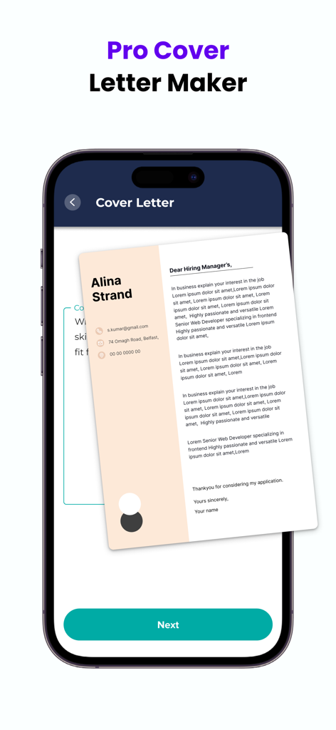 AI Resume Maker - CV Builder - A professional cover letter template preview within the AI Resume Maker mobile application