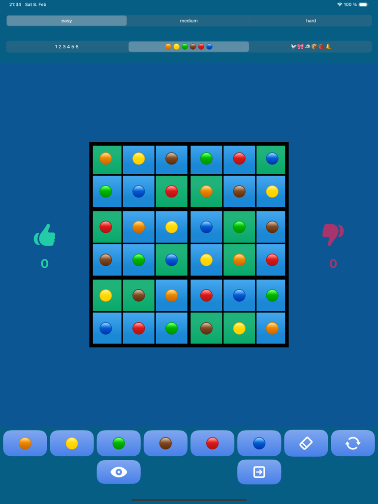 Sudoku6x6 (4Kids) - A 6x6 Sudoku grid for children using colored circles instead of numbers on a blue interface