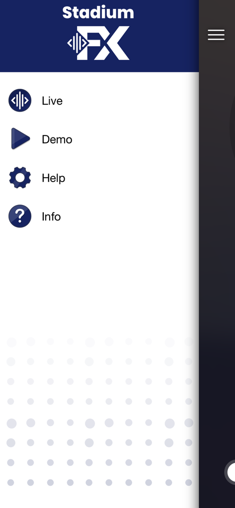 Stadium FX - Stadium FX app side menu with Live Demo Help and Info options