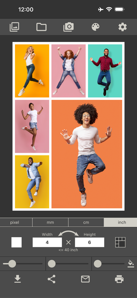 Photo Collage Maker & Printer - Interfaz de la aplicación Creador de Collages de Fotos que muestra un diseño de impresión de cuatro por seis pulgadas con cinco fotos de personas saltando