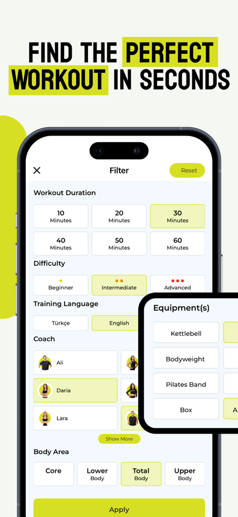 Urban Active fitness app workout filter settings for duration difficulty and coach selection