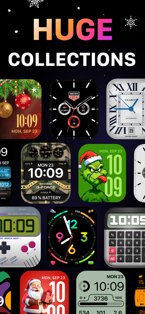 A diverse collection of Apple Watch faces featuring holiday, retro gaming, and classic analog styles.
