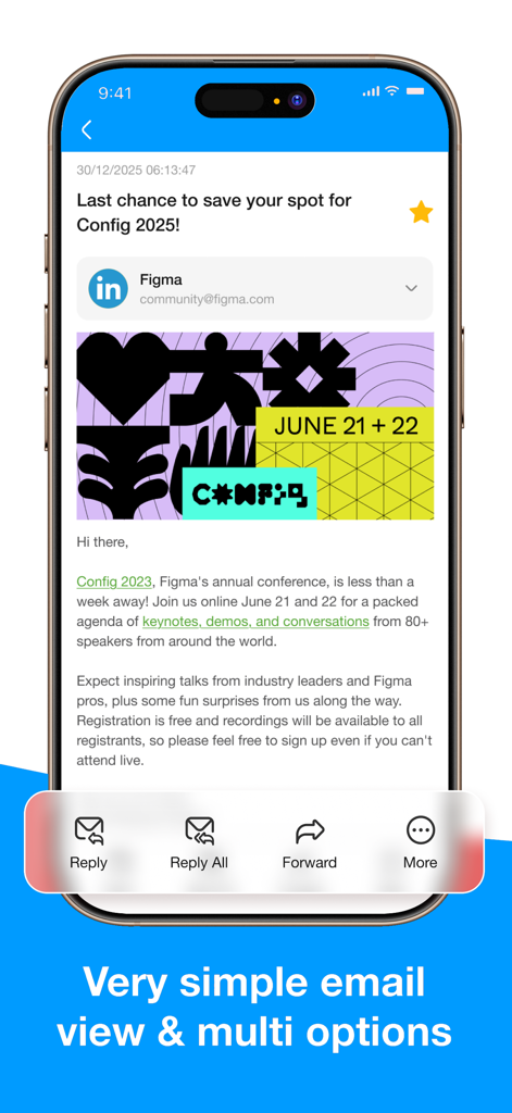 Visualização de mensagem de email simplificada mostrando opções de responder e encaminhar