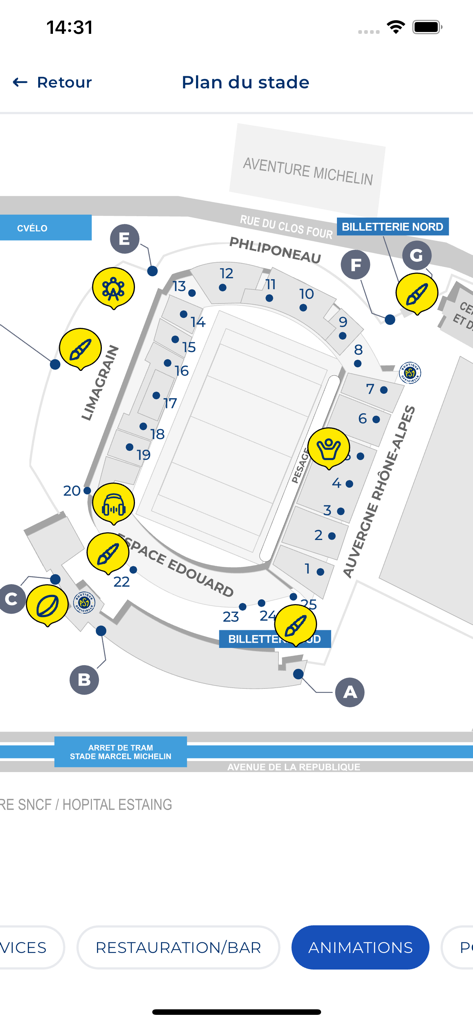 ASM Clermont Auvergne - Interactive plan of the Marcel Michelin stadium showing stands and facilities in the ASM Clermont Auvergne app