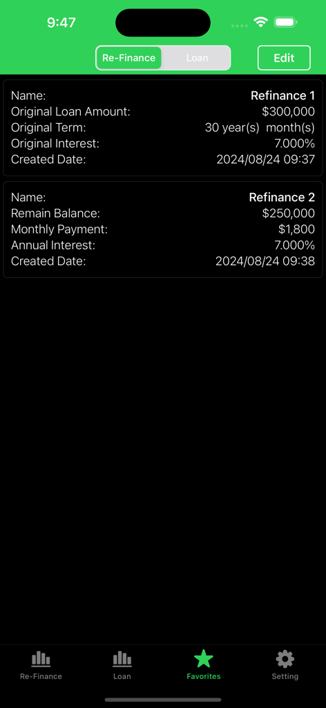 Refinance-Home Loan Calculator - La pantalla de favoritos de la aplicación que muestra una lista de cálculos de refinanciamiento hipotecario guardados, incluidos montos de préstamo y tasas de interés