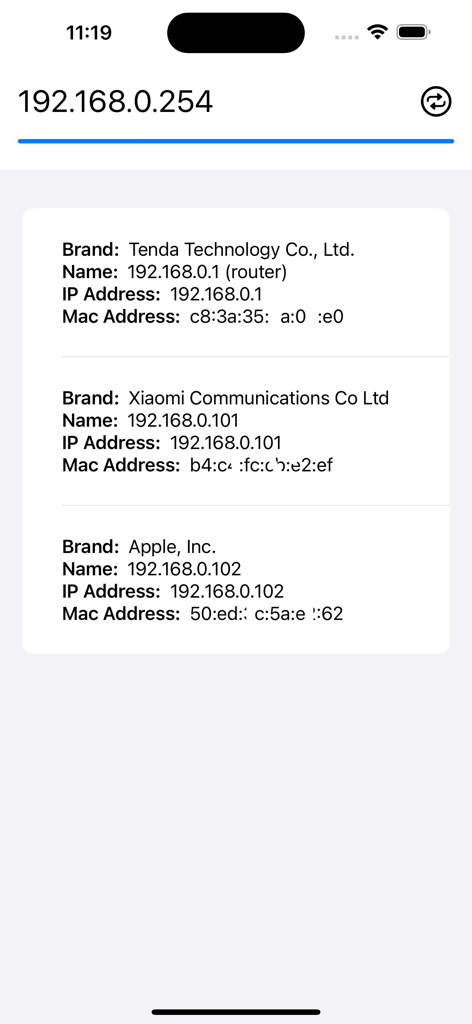 Lan Scanner || Wifi Monitor - Una captura de pantalla móvil que muestra una lista de dispositivos de red conectados con detalles técnicos como la marca, la dirección IP y la dirección MAC
