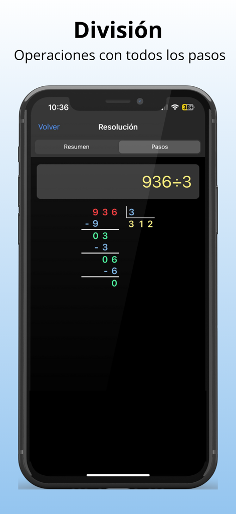 Calculadora de Alicia app showing a step by step long division calculation