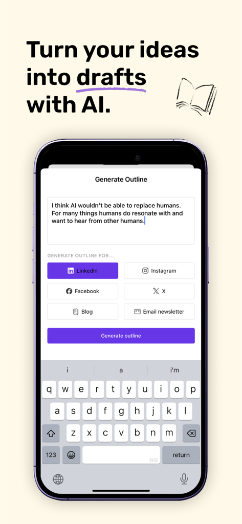 Cleve mobile app interface showing the AI draft generation tool for multiple social media platforms