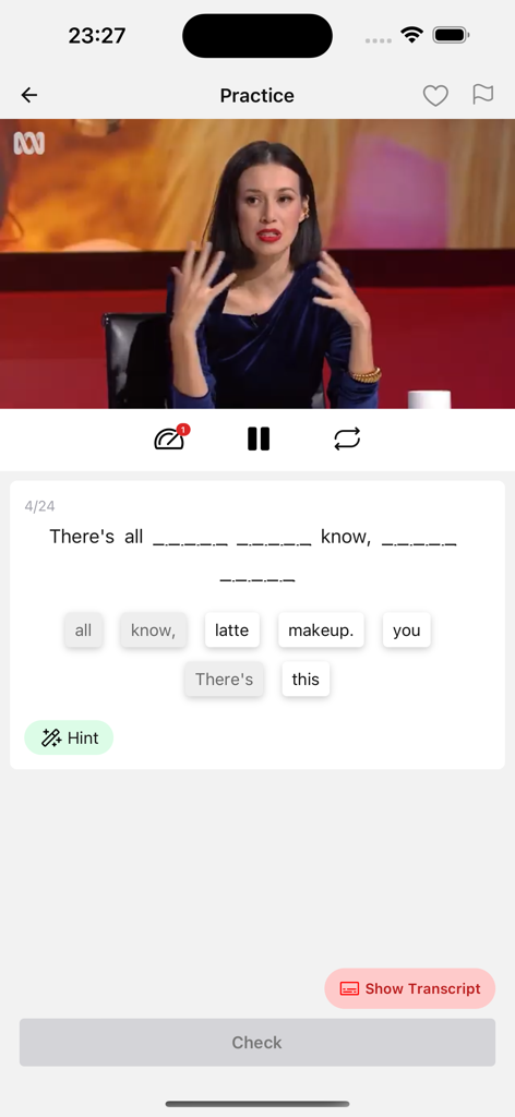 EngTube: Learn English Daily - EngTube app interface showing an English listening and sentence completion exercise with a YouTube video