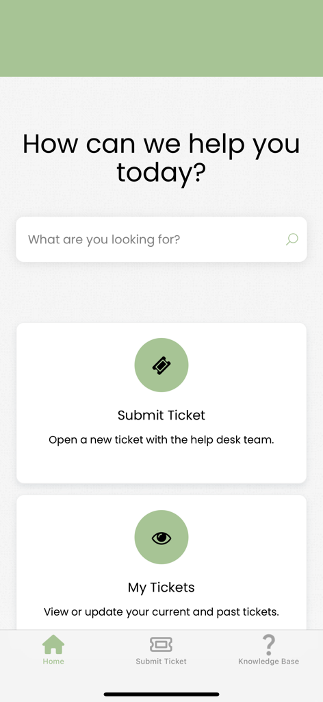 컴퓨팅 기술의 모바일 앱 대시보드로 티켓 제출 또는 내 티켓 보기를 위한 옵션이 표시됨