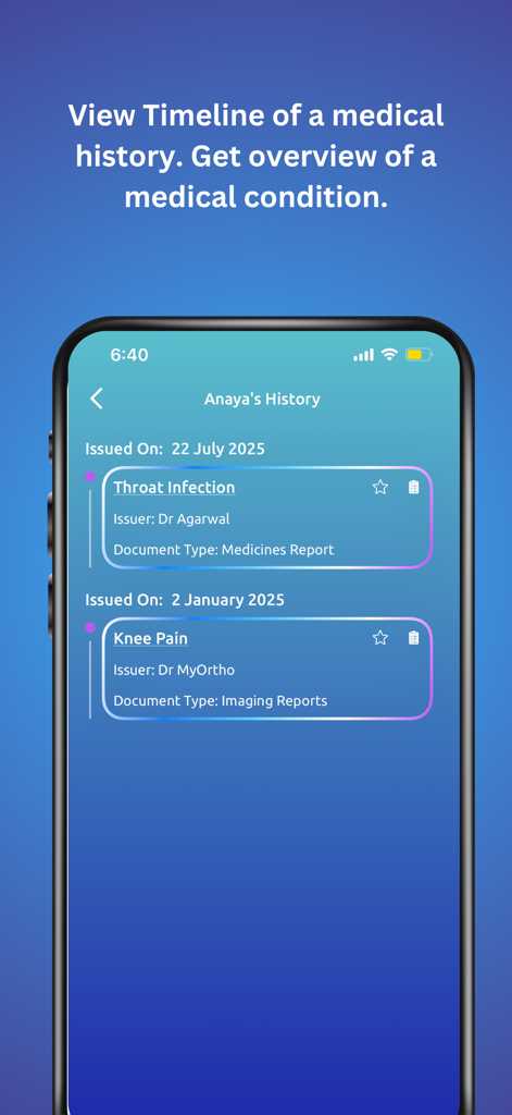 A medical timeline interface showing health records for a family member in the MediTrack app.