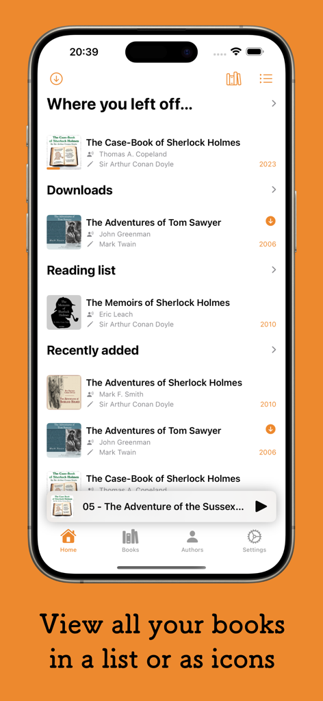 The plappa app home screen showing a curated list of audiobooks including Sherlock Holmes and Tom Sawyer