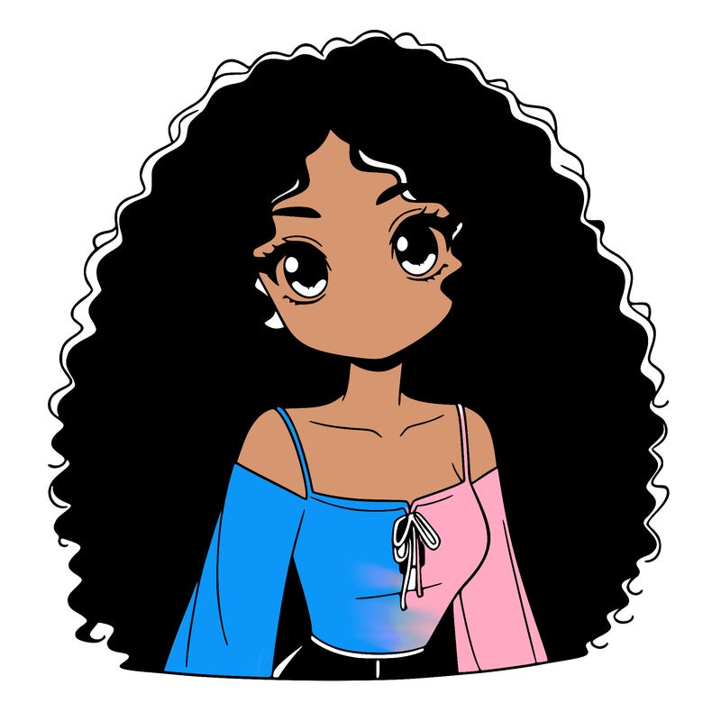 a black anime girl with long afro hair