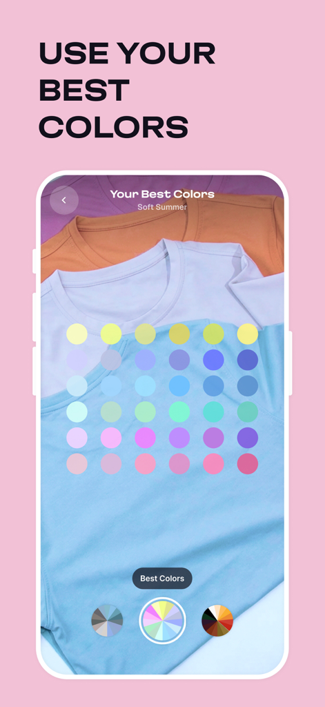Outfit Maker & Planner: Stylix - Stylix App-Oberfläche, die eine persönliche Farb- und Palettenanalyse für ein Soft-Summer-Stilprofil anzeigt.