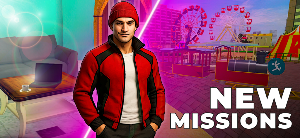 Go To Auto: Start big stories - A character in a red jacket standing in front of an amusement park with text saying New Missions