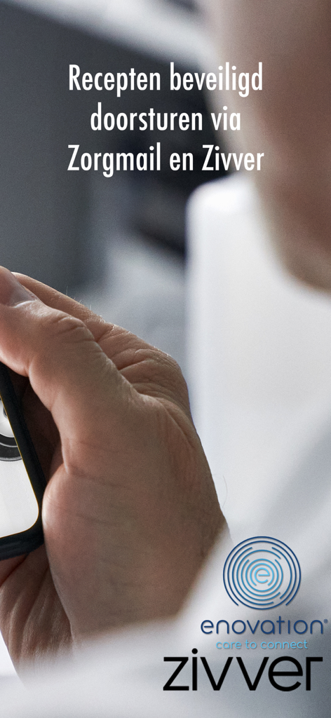 Rx whizz - Hand holding a smartphone showing secure prescription forwarding options with Zivver and Enovation integration