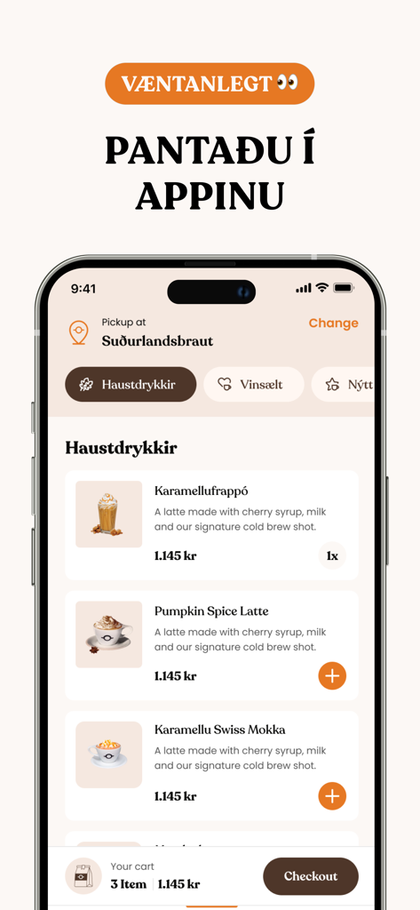 Interface of the Te & Kaffi app showing an autumn drink menu for mobile ordering.
