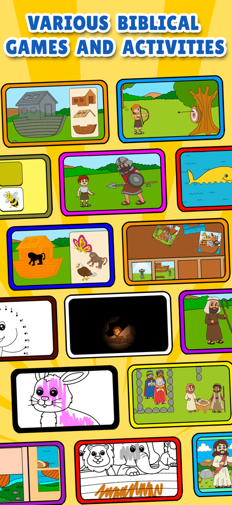 Biblical Games and Activities - A colorful collage showcasing various biblical games for children including Noah's Ark puzzles, David and Goliath archery, and Bible story coloring activities.