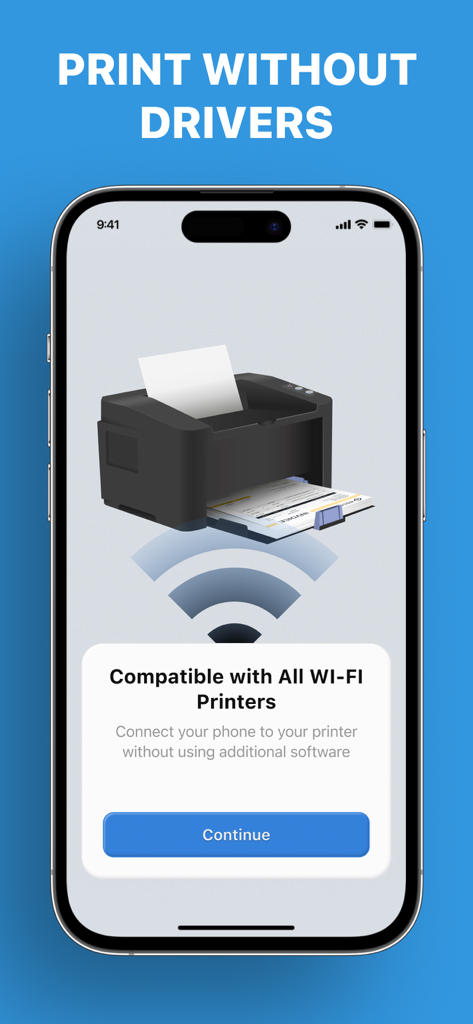 Printer App: Smart Print - Smart Print app screen showing wireless printer compatibility without drivers on an iPhone