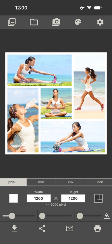 Photo Collage Make & Print PRO - Editor de collage de fotos que muestra configuraciones de tamaño personalizado y un diseño temático de fitness