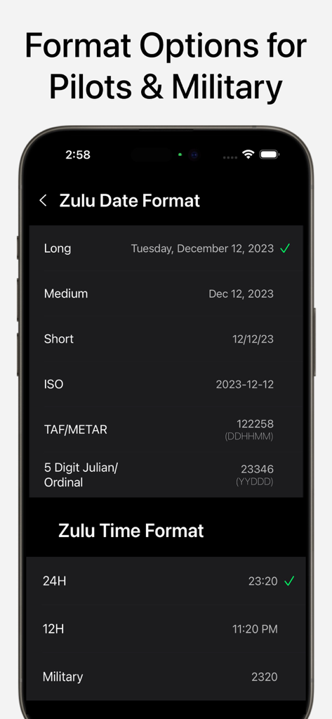 A menu displaying various Zulu date and time format options including TAF METAR and Julian dates for pilots and military personnel