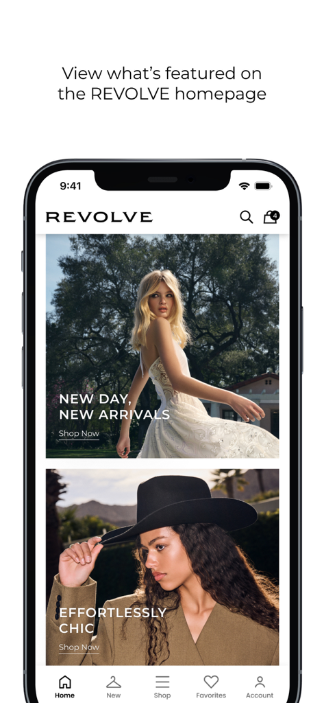 REVOLVE mobile app homepage showcasing new arrivals and curated fashion collections