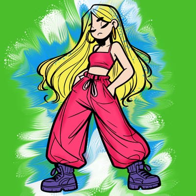 girl in baggy pants crop top and long hair