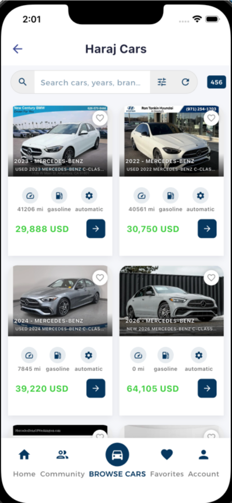 HARAJOHIO CARS - Mobile app screen showing a list of Mercedes-Benz vehicles with prices and technical details