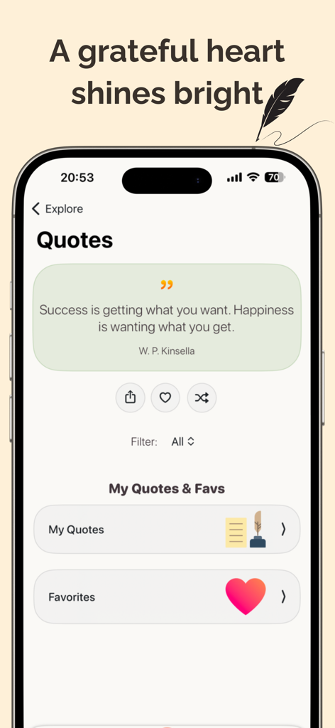 Gratitude Journal & Self Care - Motivational quotes screen on the Gratefully gratitude journal app interface showing an inspirational quote and navigation for favorites.