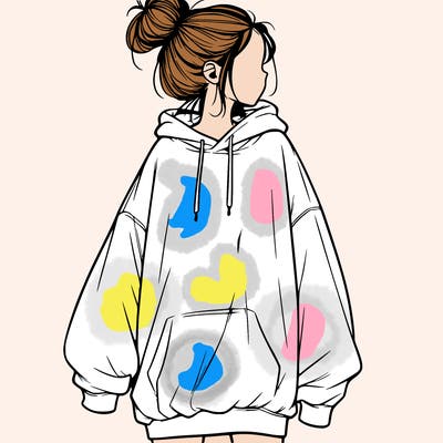 realistic girl with a oversized sweatshirt on and a bun