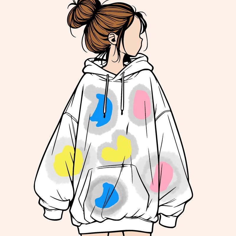 realistic girl with a oversized sweatshirt on and a bun