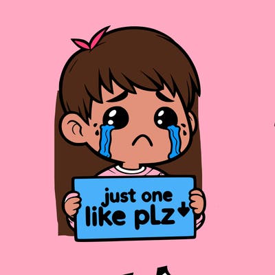 realistic crying boy with a sign saying just one like plz