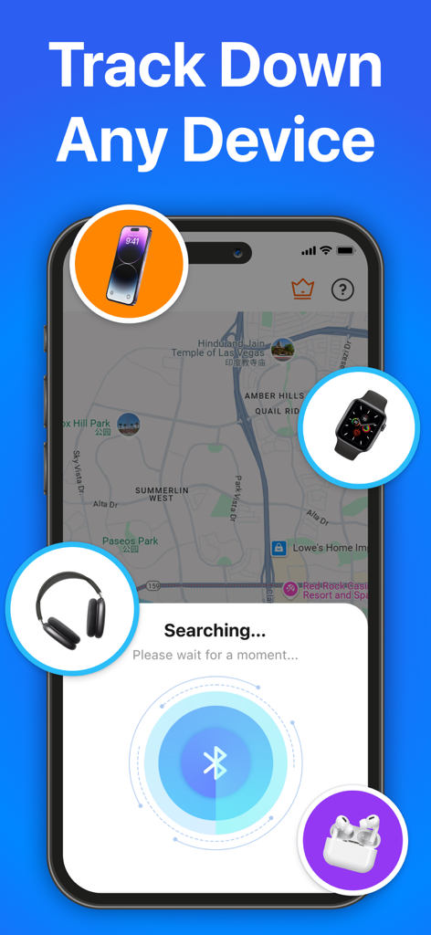 Find Air：My Device Tracker Pro - Find Air app interface showing a Bluetooth radar scanning for lost devices near a map location