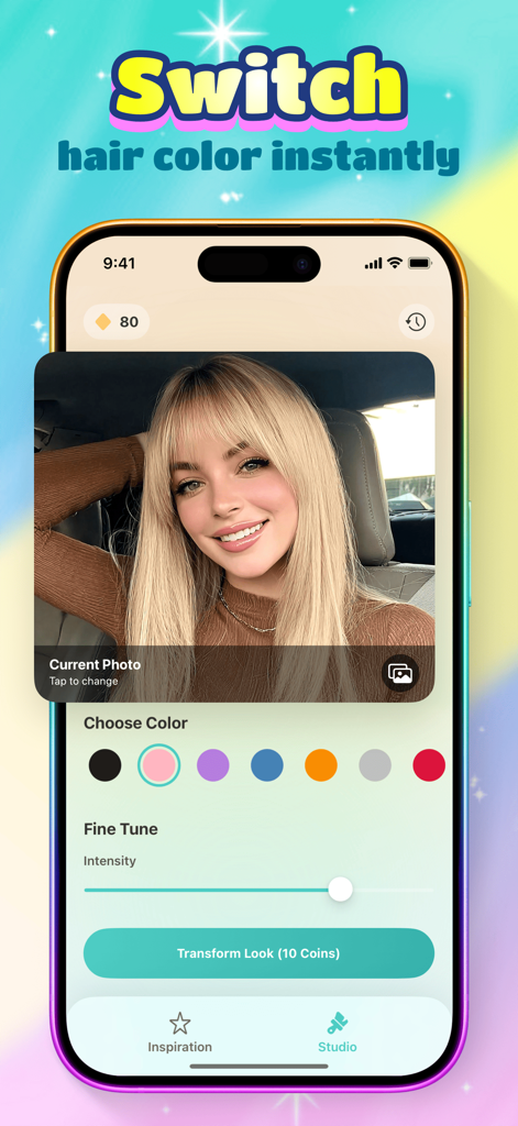 Mosa - Change & Share - Mosa app interface for instant AI hair color change with color selection and intensity adjustment