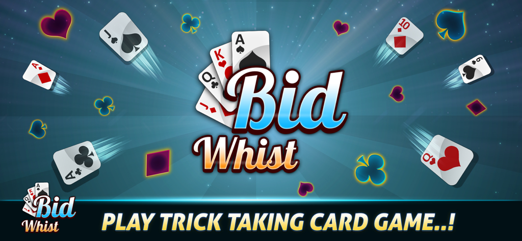 Banner promocional del juego de cartas Bid Whist con cartas volando y el título del juego