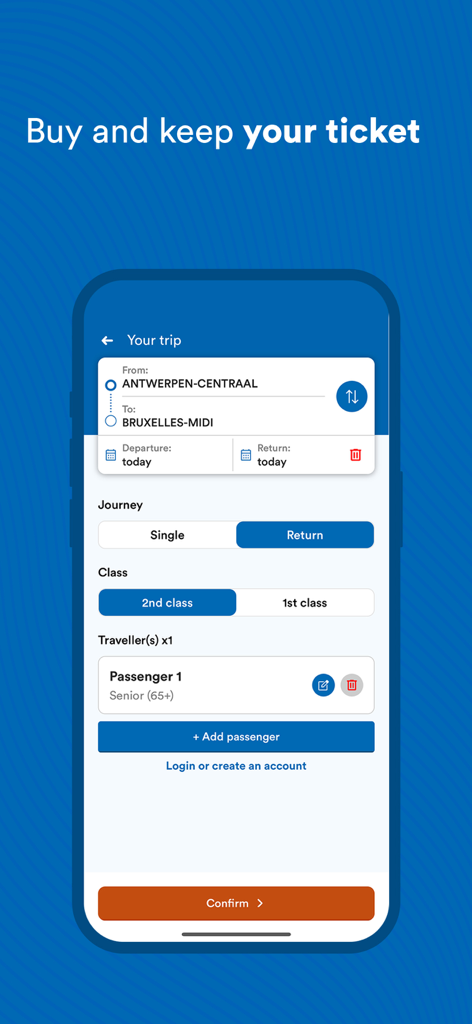 Schermata dell'app mobile SNCB per l'acquisto di un biglietto del treno da Anversa a Bruxelles